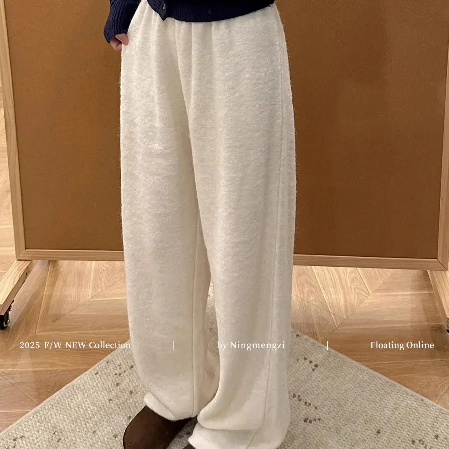 韩版白色毛呢阔腿裤女秋冬新款加绒慵懒风垂感软糯百搭显瘦直筒裤