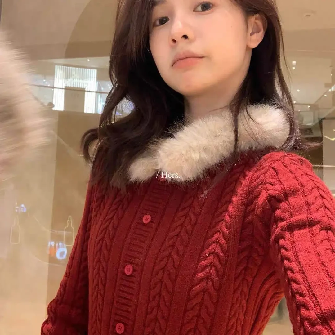 Q242#秋冬连帽毛毛领麻花针织衫显瘦长袖毛衣女时尚百搭保暖上衣