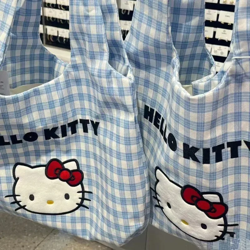 卡通凯蒂猫格子刺绣帆布包2025新款可爱休闲单肩包手提通勤百搭包