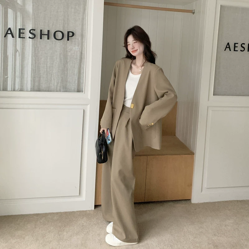 卡其色高级感西装套装女2025春秋新款韩系轻熟风休闲阔腿裤两件套