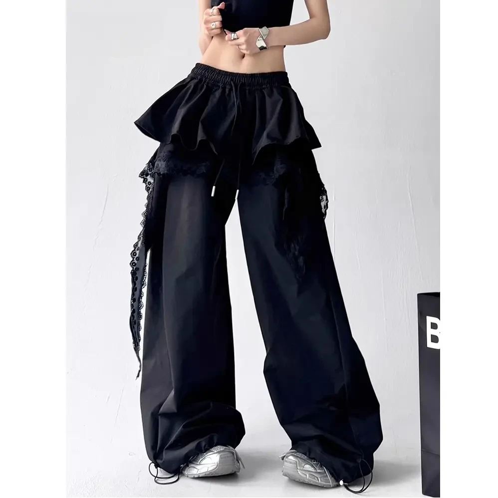 夏季叠穿裙摆设工装休闲裤男女2025春秋新款小众拼接蕾丝层次裤