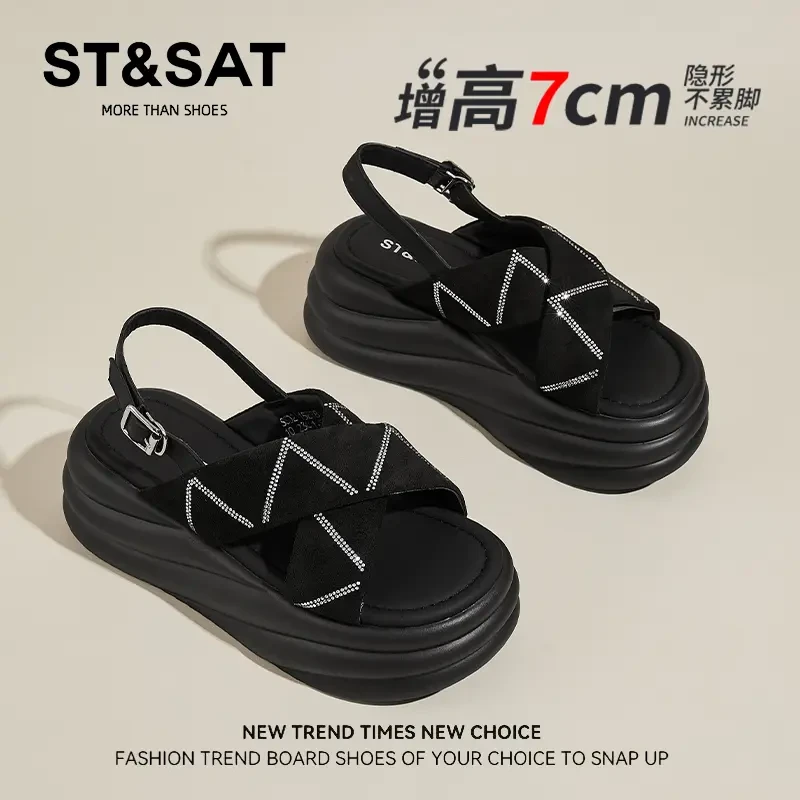 星期六7cm~厚底水钻凉鞋女秋季百搭软底松糕鞋外穿交叉露趾沙滩鞋