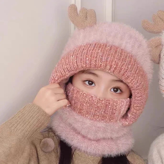 儿童帽子鹿角围脖口罩一体冬季防风套头帽保暖骑车宝宝毛绒护耳帽