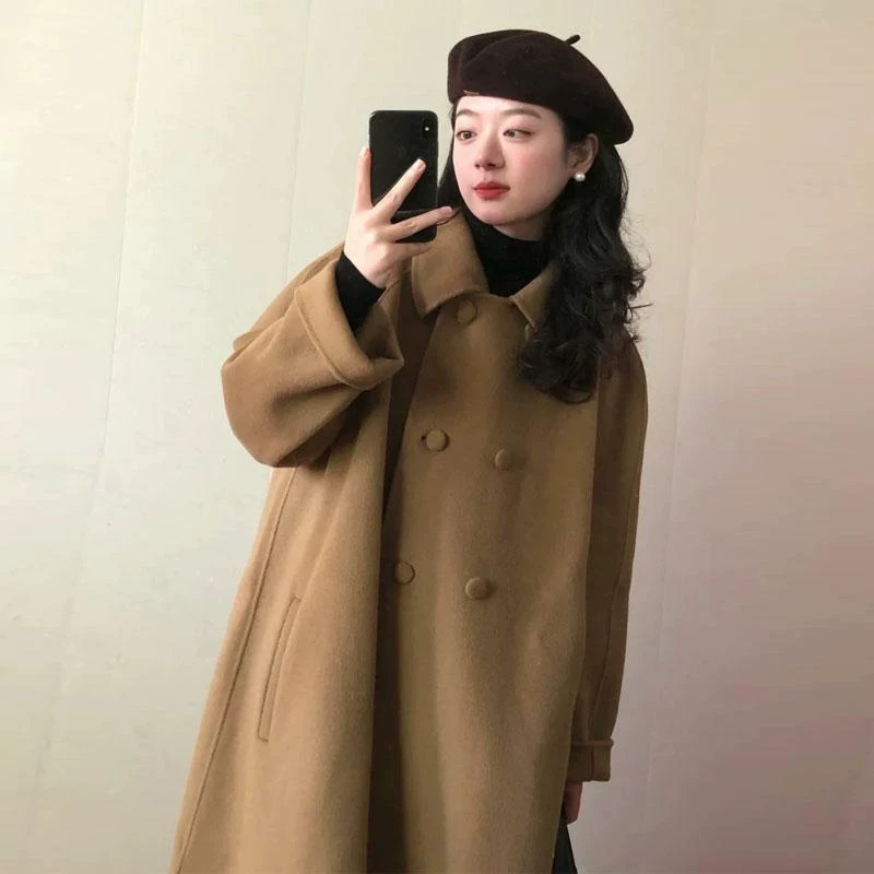 韩系高级感驼色斗篷呢子大衣女冬季新款中长款小个子宽松毛呢外套