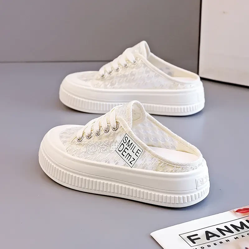 夏季透气半拖鞋时尚百搭女鞋半托小白鞋外穿厚底一蹬懒人休闲鞋