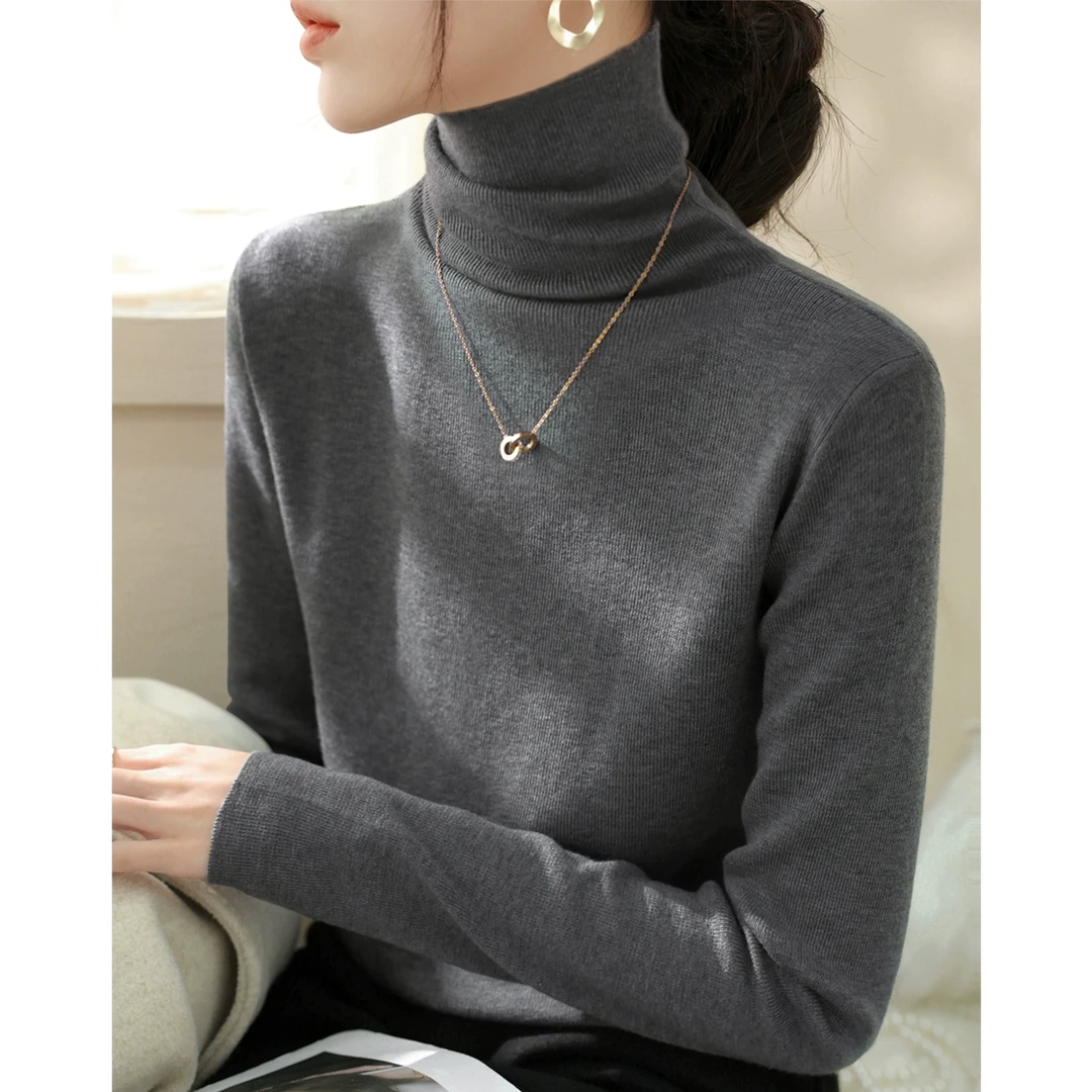 2025年春季新款简约长袖毛衣女高级感时尚堆堆高领百搭打底针织衫