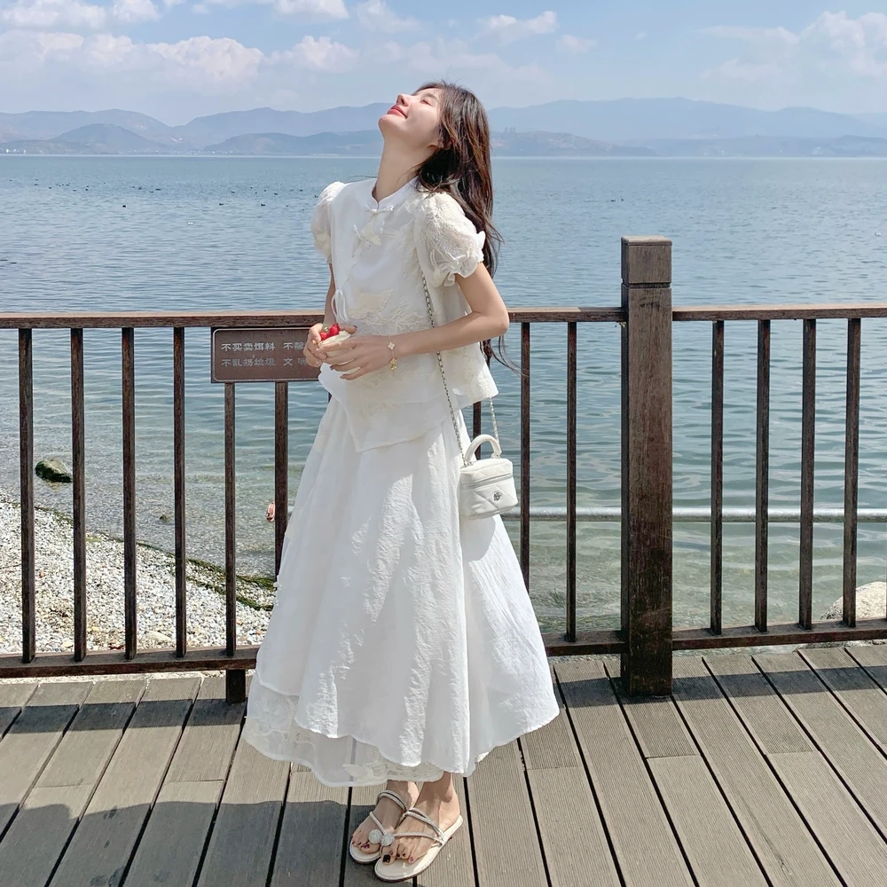 初夏穿搭国潮中式拼接提花半裙套装夏季新国风气质上衣白色仙女裙