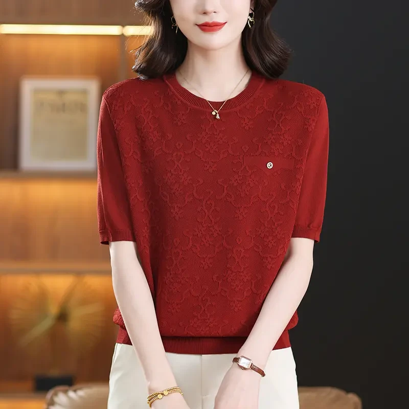 中年妈妈天丝短袖夏季新款洋气百搭上衣宽松短款休闲显瘦针织T恤