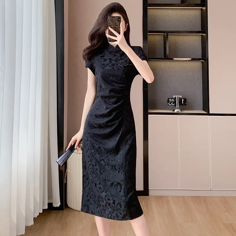 女士新中式黑色提花立领旗袍连衣裙时尚夏季新款国风盘扣气质2025