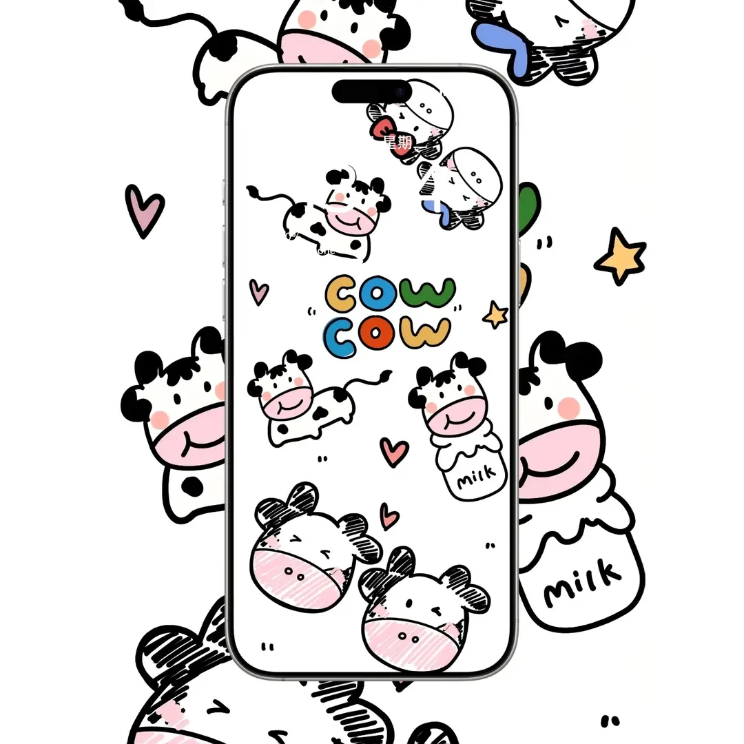 卡通奶牛萌趣壁纸｜COW 元素 + 爱心星星｜可爱风高清适配