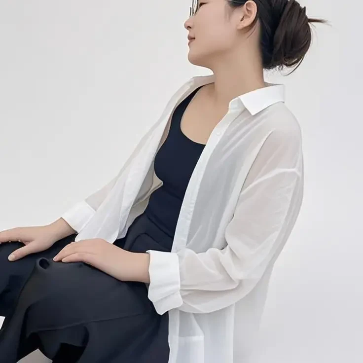 中长款轻职风纯色老钱风翻领衬衫薄款时尚透气轻薄百搭长袖夏季