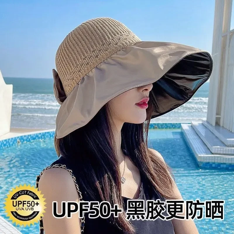 夏季黑胶蝴蝶结遮阳帽女镂空草帽防紫外线大檐遮脸防晒太阳渔夫帽