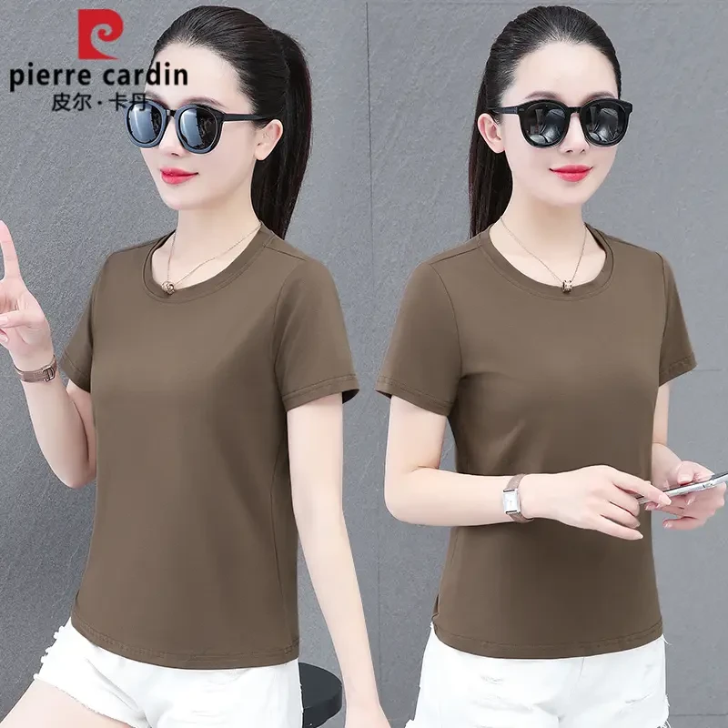 皮尔卡丹2025夏季新款时尚圆领透气纯棉短袖T恤女洋气百搭修身T恤