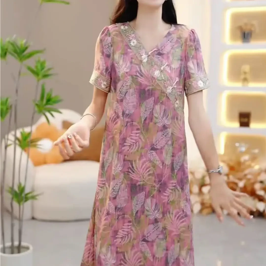 现货显瘦减龄遮肉透气裙新中式国风旗袍冰丝连衣裙女遮肚子