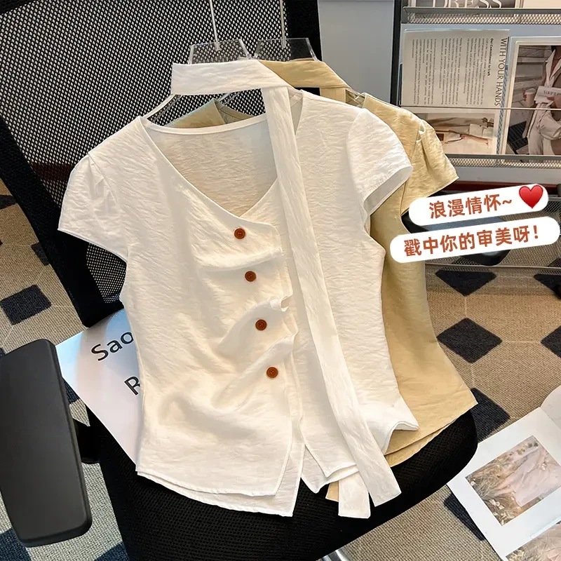 25年夏季新款洋气时尚V领着褶皱开叉设计感气质修身上衣小衫女装