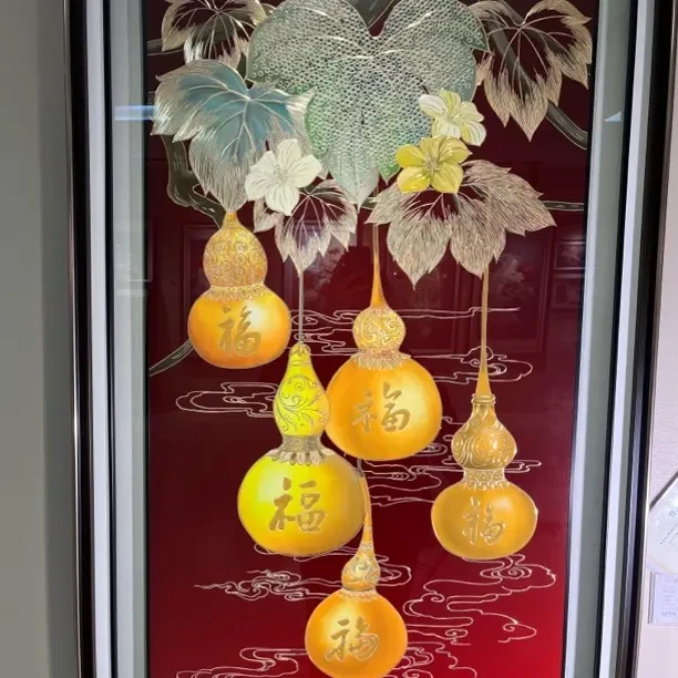 手工铜雕玄关装饰画新中式《五福临门》墙面挂画