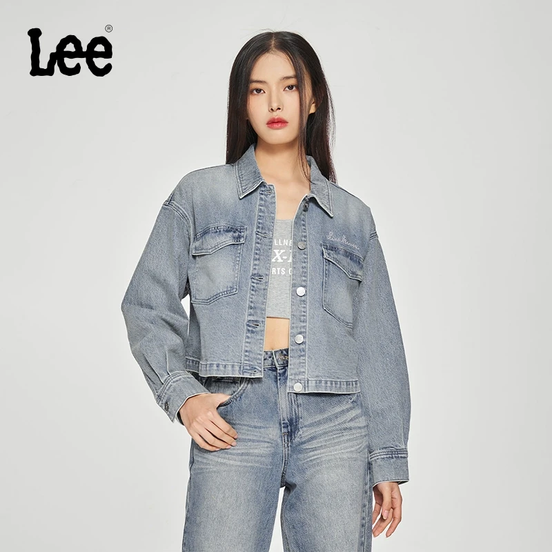 Lee25早春舒适版翻领圆形铆钉Logo短款复古浅蓝色女牛仔外套