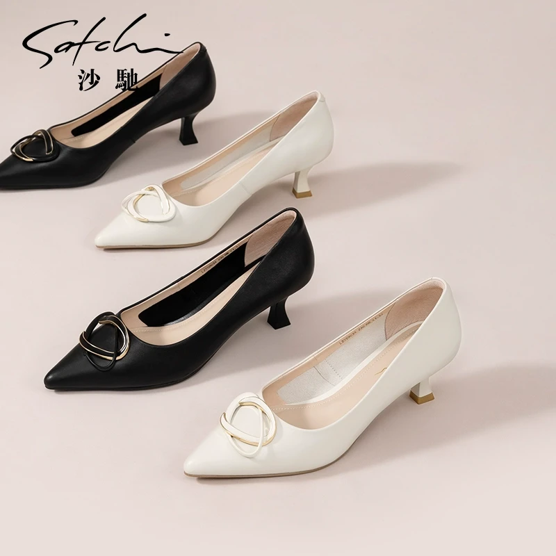 沙驰女鞋时尚尖头浅口单鞋秋季新款精致小猫跟高跟鞋职业鞋