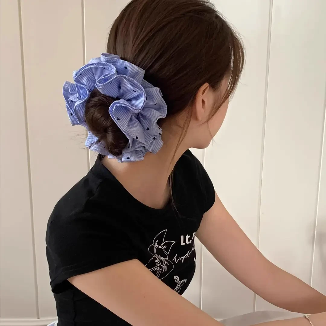 法式花朵褶皱发圈女条纹大肠圈小众设计超大韩系百搭绑头发皮筋