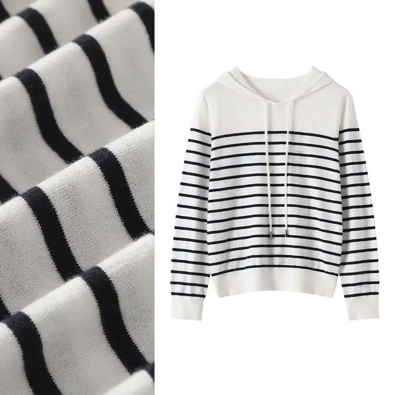 精纺羊毛薄款【管公子】女士长袖条纹连帽衫抗起球减龄针织羊毛衫