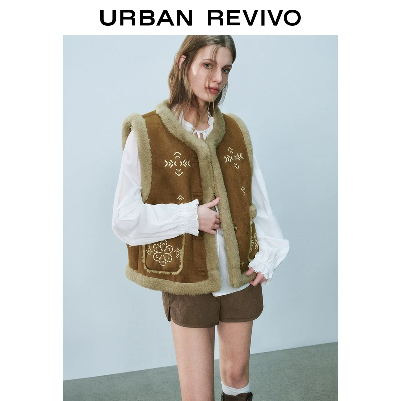 UR2025春季新款女装欧若风复古慵懒风皮毛一体刺绣马甲UYL150004