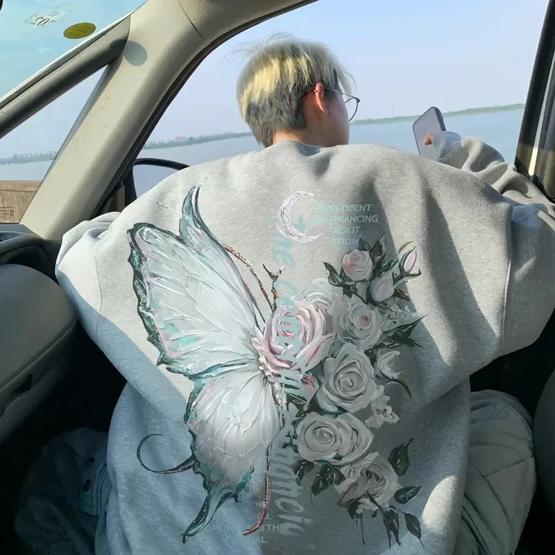 特大码300斤蝴蝶花卉重磅420g圆领卫衣男秋冬款加绒长袖宽松上衣