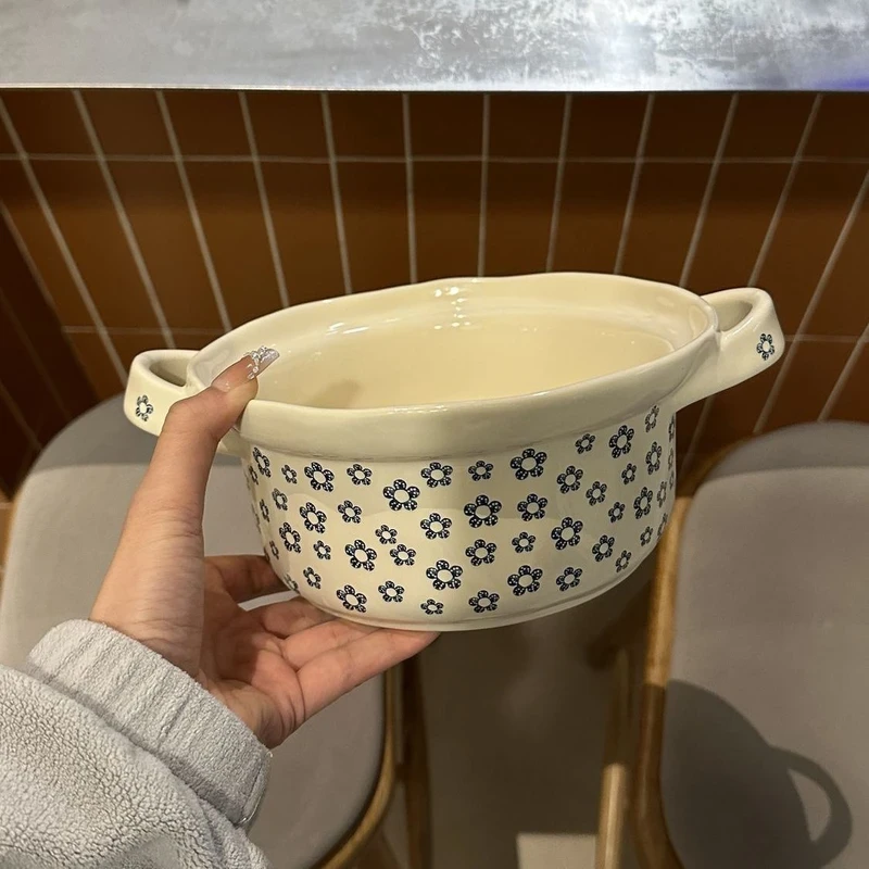 蓝朵朵釉下彩防烫双耳汤碗餐具耐高温陶瓷沙拉新款家用高颜值汤碗