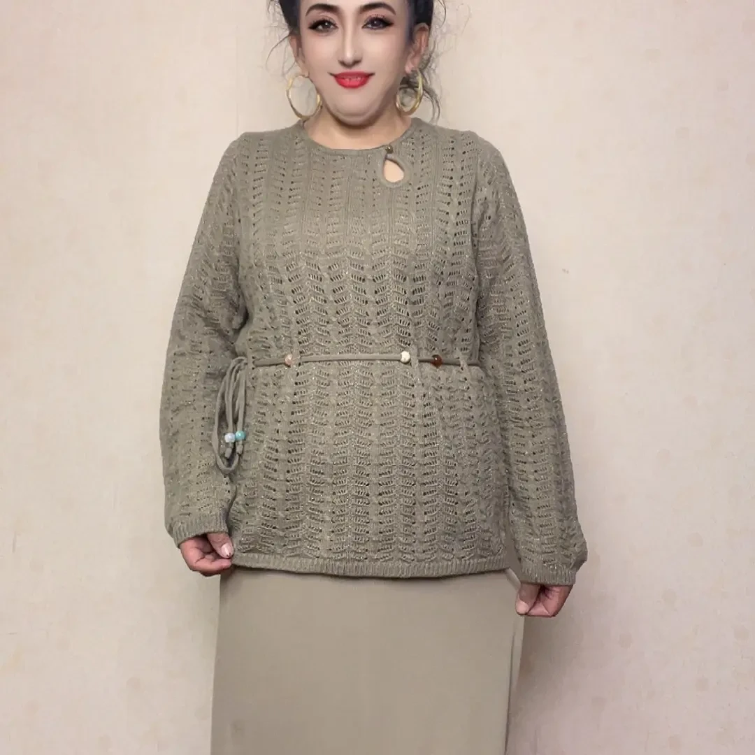针织慵懒风毛针织衫长袖圆领镂空毛衣秋冬针织衫
