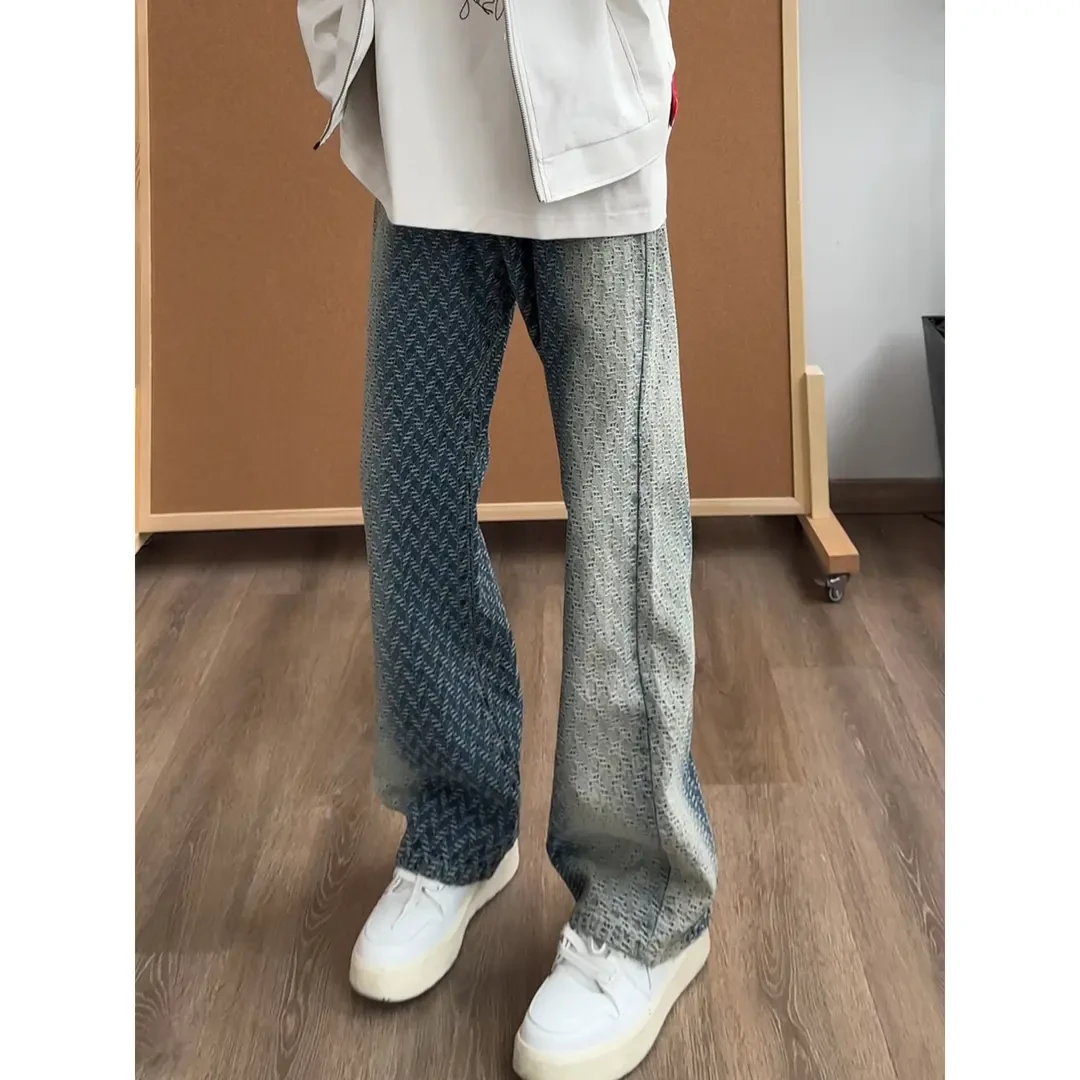 美式高街渐变编织牛仔裤男款潮牌设计感显瘦裤子高腰直筒微喇长裤