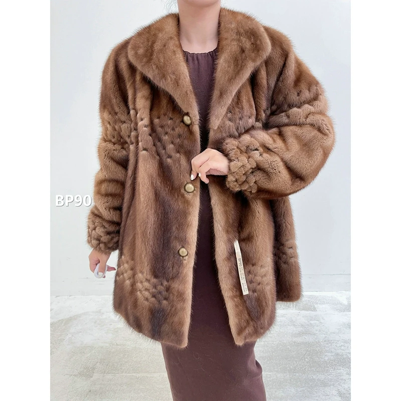 【BP90】XL码 蜜茶棕整皮雕花貂皮外套水貂（肩43胸114衣80袖58）