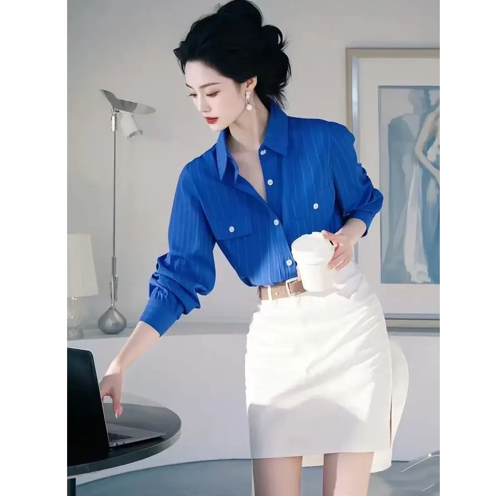 克莱因蓝polo领长袖衬衫女设计感小众独特别致超好看绝美上衣套装