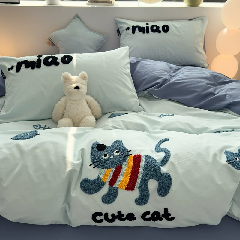 【朵罗塔】卡通可爱猫咪全棉水洗棉床上四件套100%纯棉被套床单床笠
