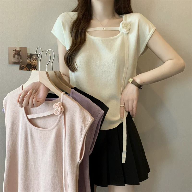 花朵斜领短袖针织t恤女2025新款夏季大码胖mm短款修身打底衫上衣