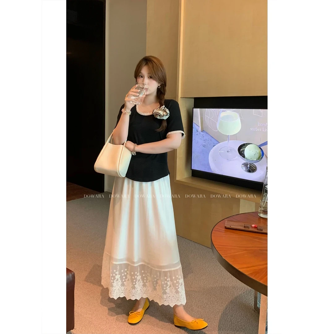 【黑玫瑰】夏季新款木耳边拼接短袖T恤时尚气质百搭收腰上衣+半身裙