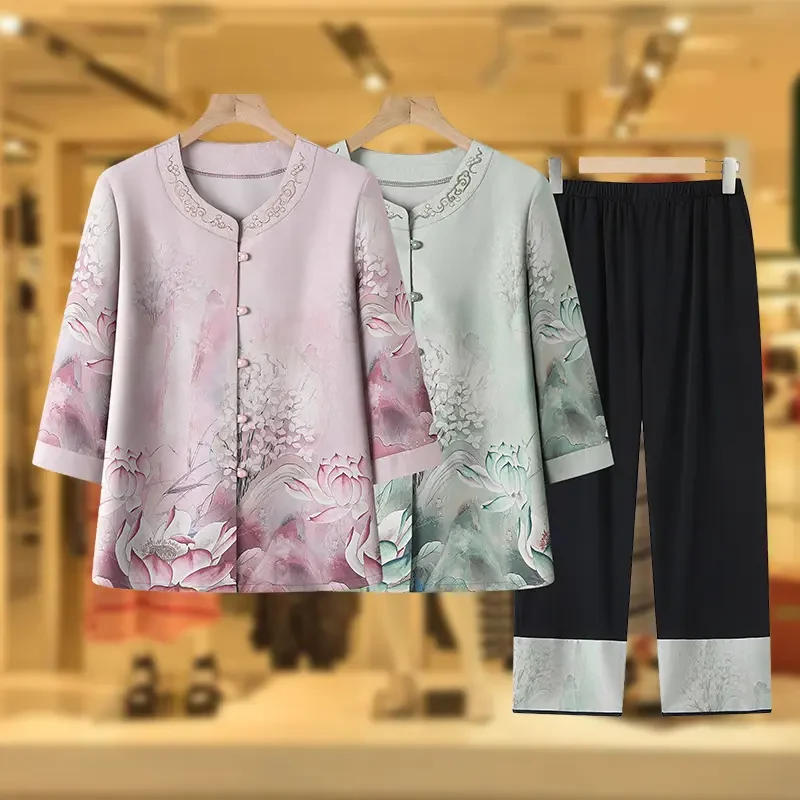 中老年女装夏装洋气妈妈衬衫60岁70奶奶中袖套装老太太两件套衣服