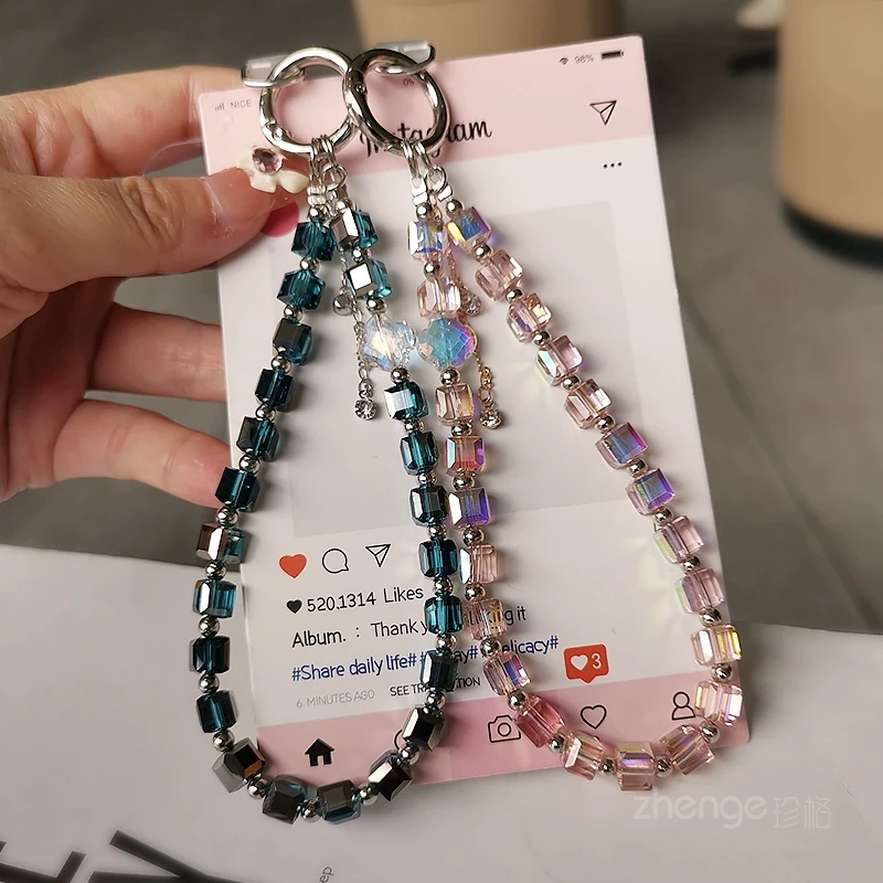 星钻方块水晶手机链清新手腕挂饰户外串珠手链出行逛街防掉手提链