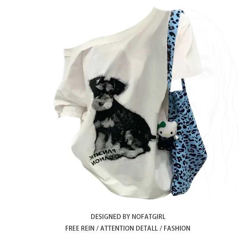 大码微胖妹妹潮牌美式复古印花一字肩斜肩短袖T恤女夏季露肩上衣