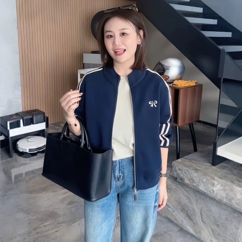 2025春新款小个子美式立领三条杠卫衣短外套女休闲时尚运动风上衣