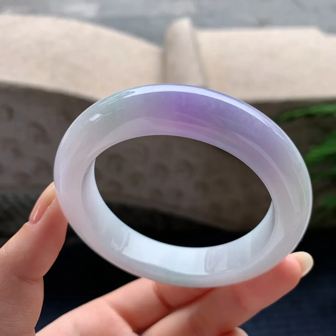 天然A货翡翠玉手镯圈口55正圈细糯飘紫 AX406101505