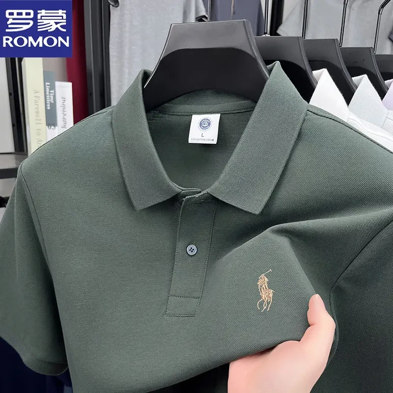 罗蒙纯棉翻领短袖T恤男士Polo衫夏季新款刺绣商务休闲中年爸爸装