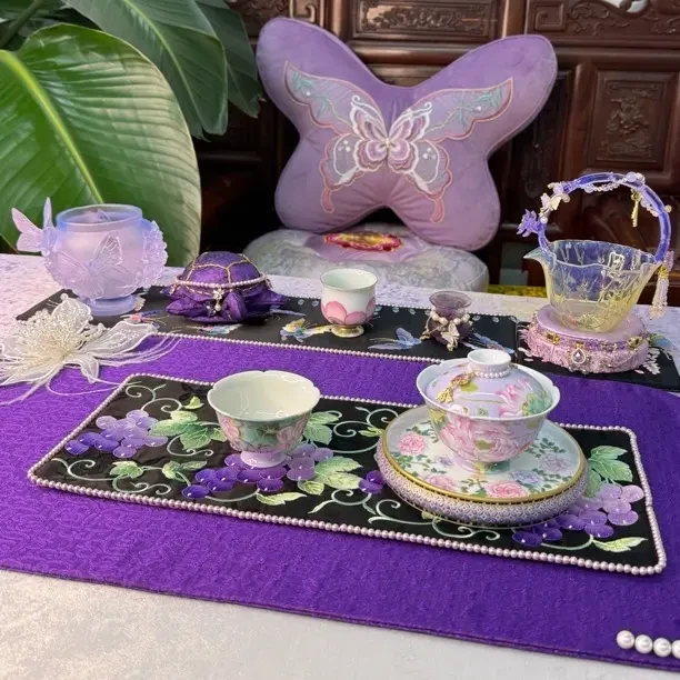 灵玺工坊 紫地荷花盖碗杯高档手工功夫茶具