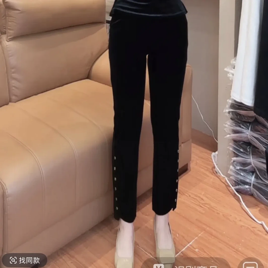 秋冬新款丝绒直筒九分裤中高腰显瘦气质百搭休闲