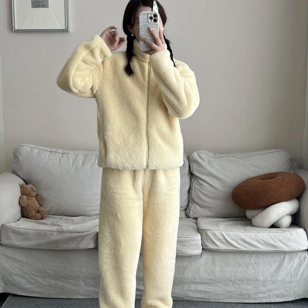 [品牌好物]-秋冬新款女加绒厚甜美毛绒高领拉链可外穿睡衣套装