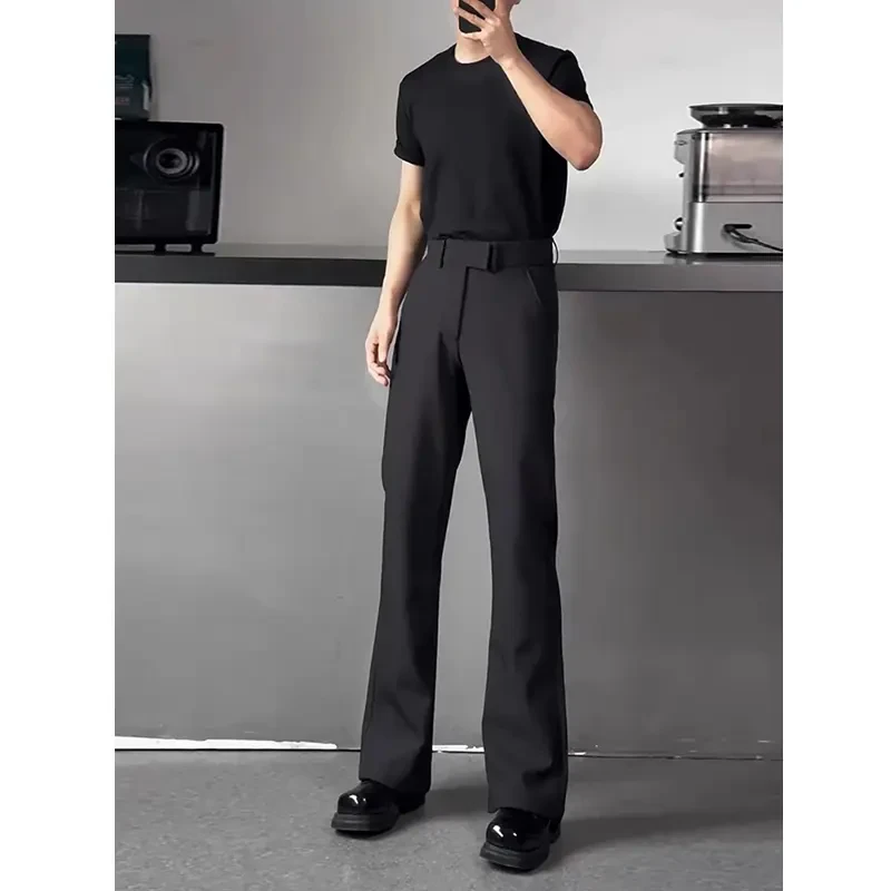 黑色微喇弯刀西裤修身显瘦显腿长裤子男款夏季高腰休闲直筒西装裤