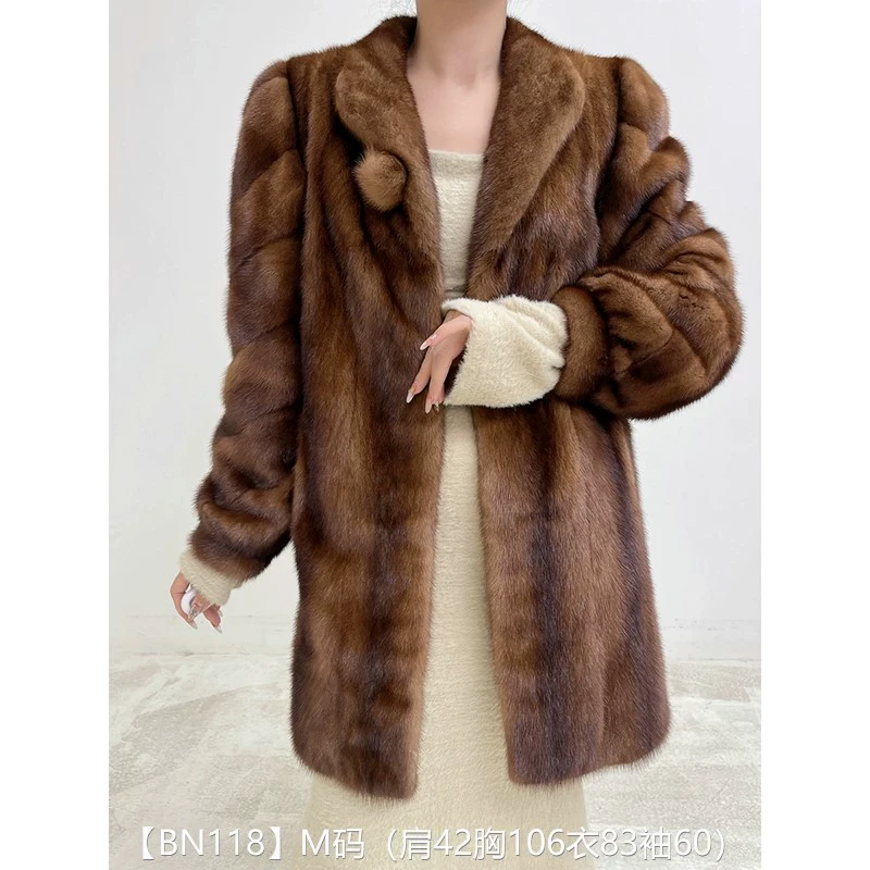 【BN118】M码 蜜茶棕全抽中长款貂皮大衣皮草外套 翻领斜纹袖