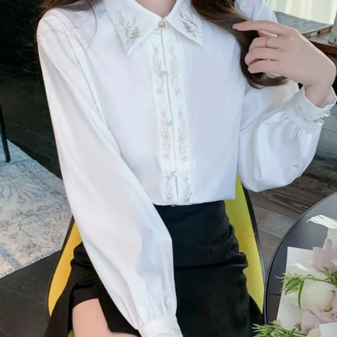 新中式国风刺绣雪纺长袖衬衫女春季小众百搭上衣