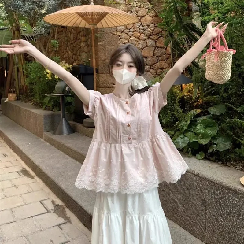 大码边拼接花朵扣子短袖衬衫女夏季宽松减龄粉色衬衣甜美显瘦上衣