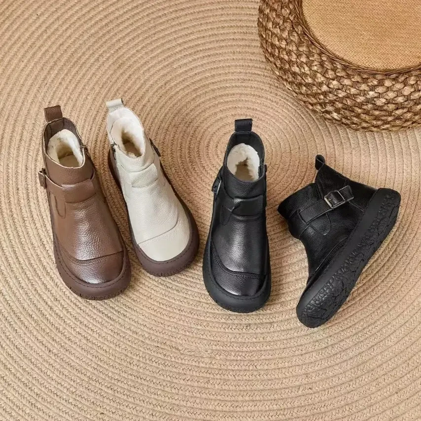 复古牛皮圆头平底短靴冬季加绒保暖防滑手工缝线百搭女靴99号