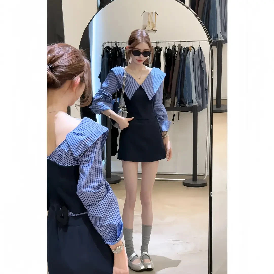 2025早秋新款韩系穿搭修身拼接格纹V领上衣气质高腰显瘦A字半身裙