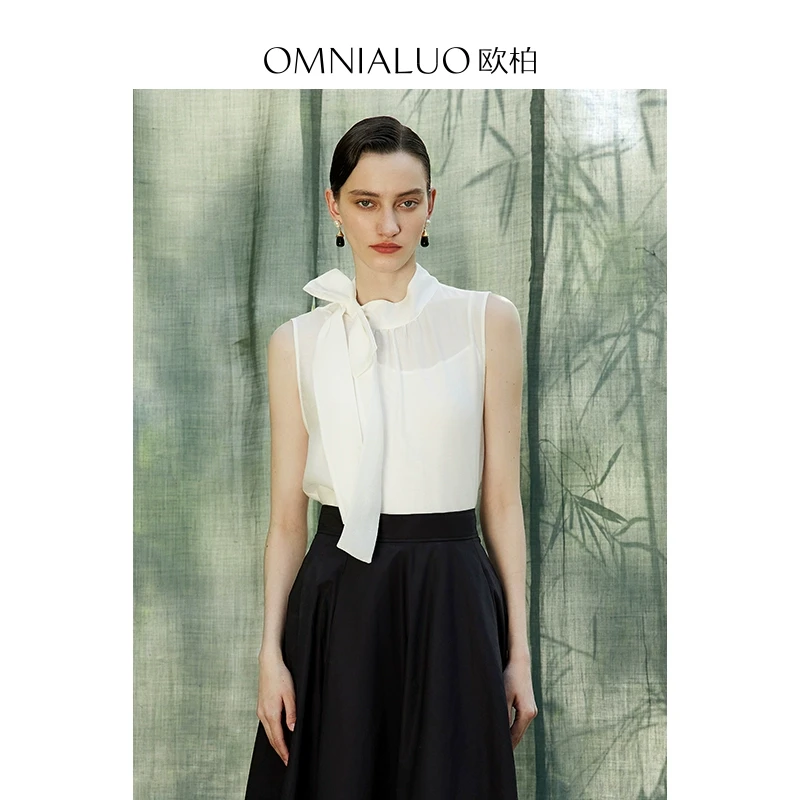 欧柏兰奴高端白色飘带衬衫女2025夏季新款宽松OL气质上衣